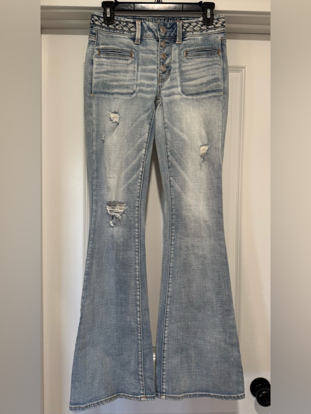 American‎ Eagle Boho Artist Light Blue Distressed Flare Jeans Size 4L